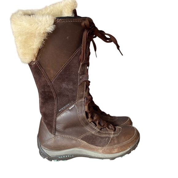Merrell Prevoz Waterproof Brown Leather Fur Lace Zip Boots size 8.5 - Picture 2 of 15